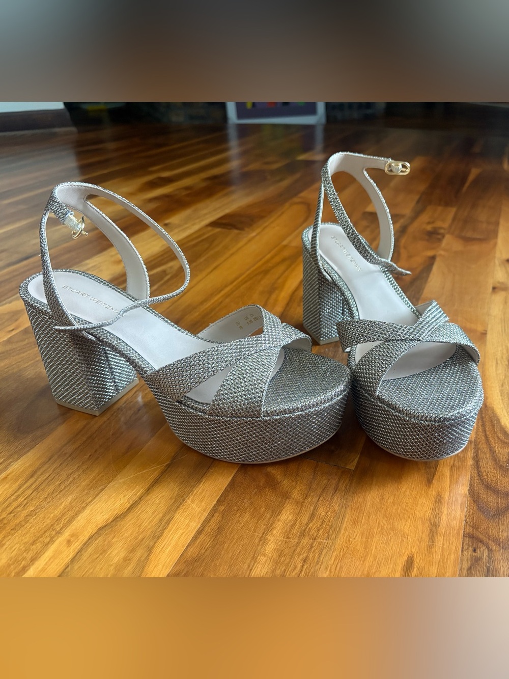 Stuart Weitzman Glittery Gold Dayna Platform Sandals with Ankle Strap, NEW